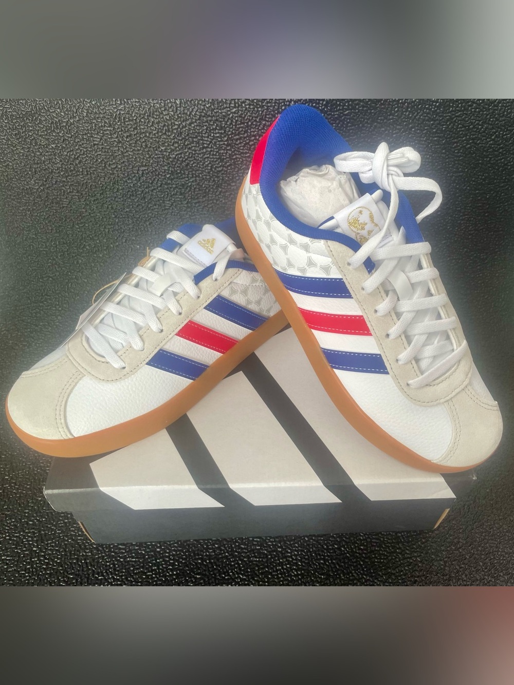 adidas Sneakers in White with Red & Blue Stripes